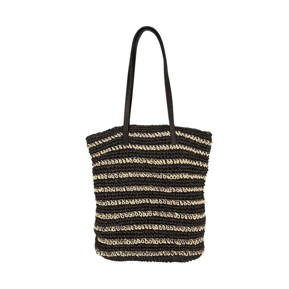 BTB Los Angeles Black Natural Striped Paper Straw Pom Pom Tote Beach Bag
